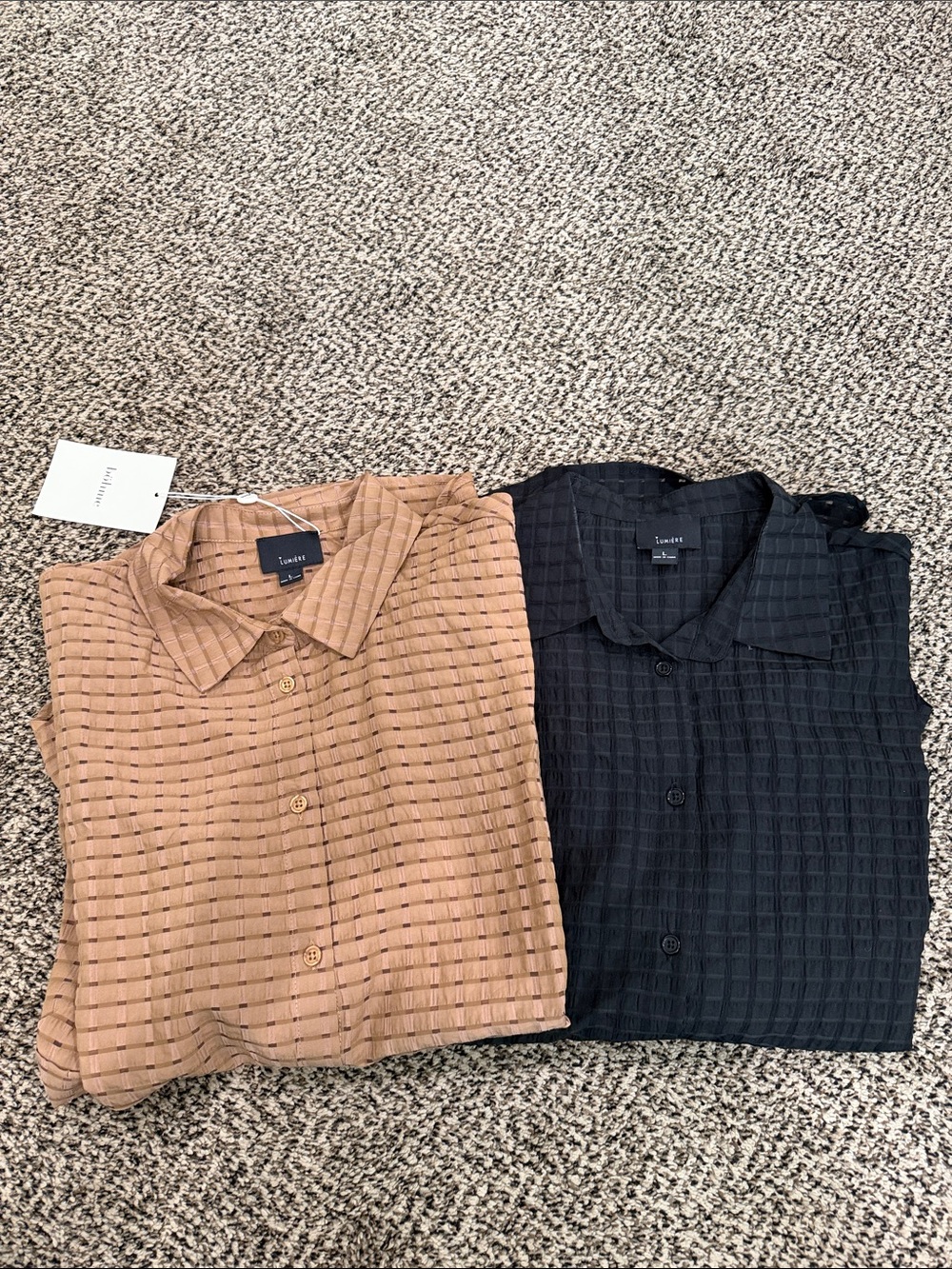 Lumiere Women's Textured Button-Down Shirt Set in Camel and Black